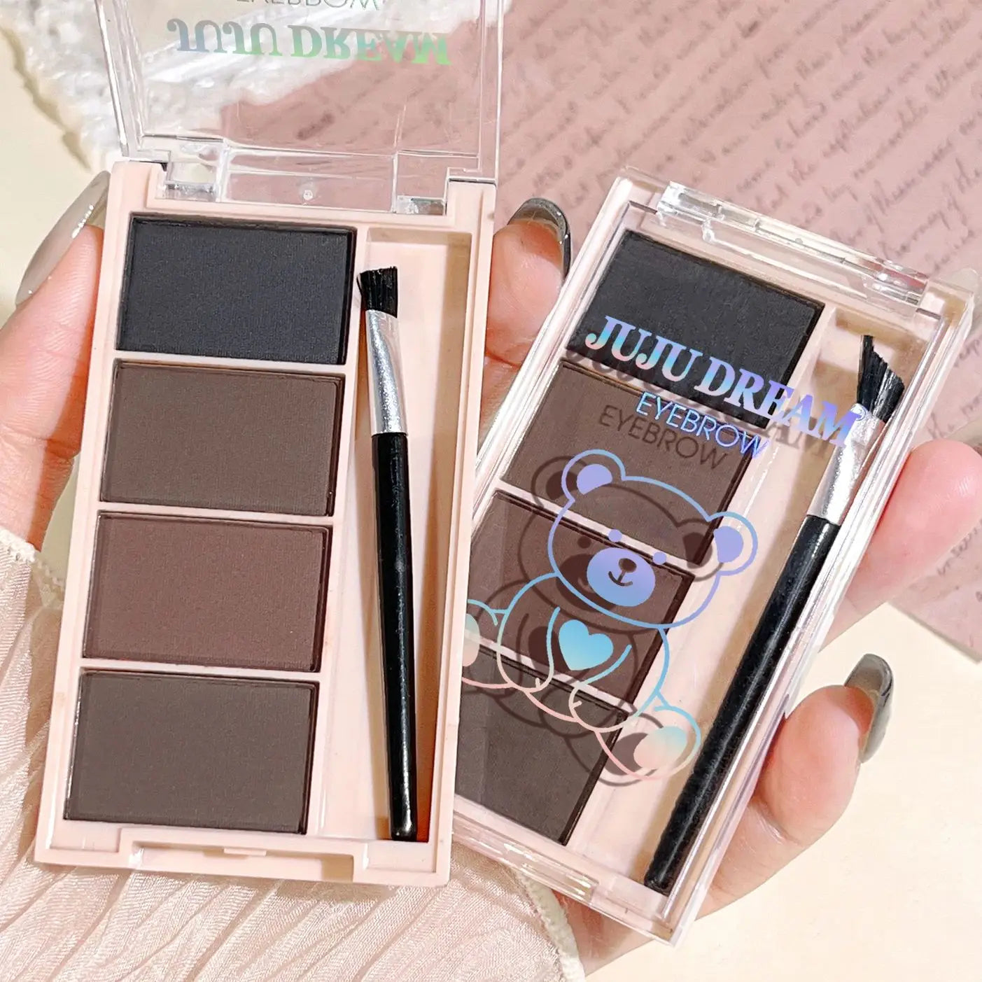 A set of 4-color eyebrow powder trays with brushes in gray and brown matte tones for long-lasting color rendering, filling and s