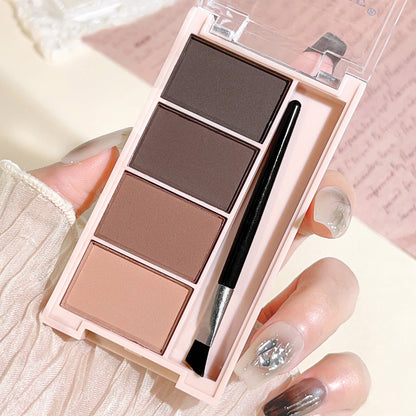 A set of 4-color eyebrow powder trays with brushes in gray and brown matte tones for long-lasting color rendering, filling and s
